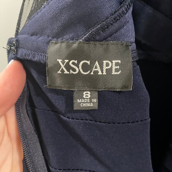 Xscape Lace Sheer Cocktail Dress - Navy/Black 8 - Picture 6 of 8